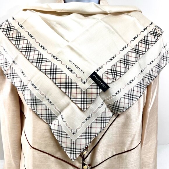 New Tag Men/Women Burberrys  Miniscarf/handker 23"Cotton/Silk Beige Gray Nova(10 - Picture 1 of 9
